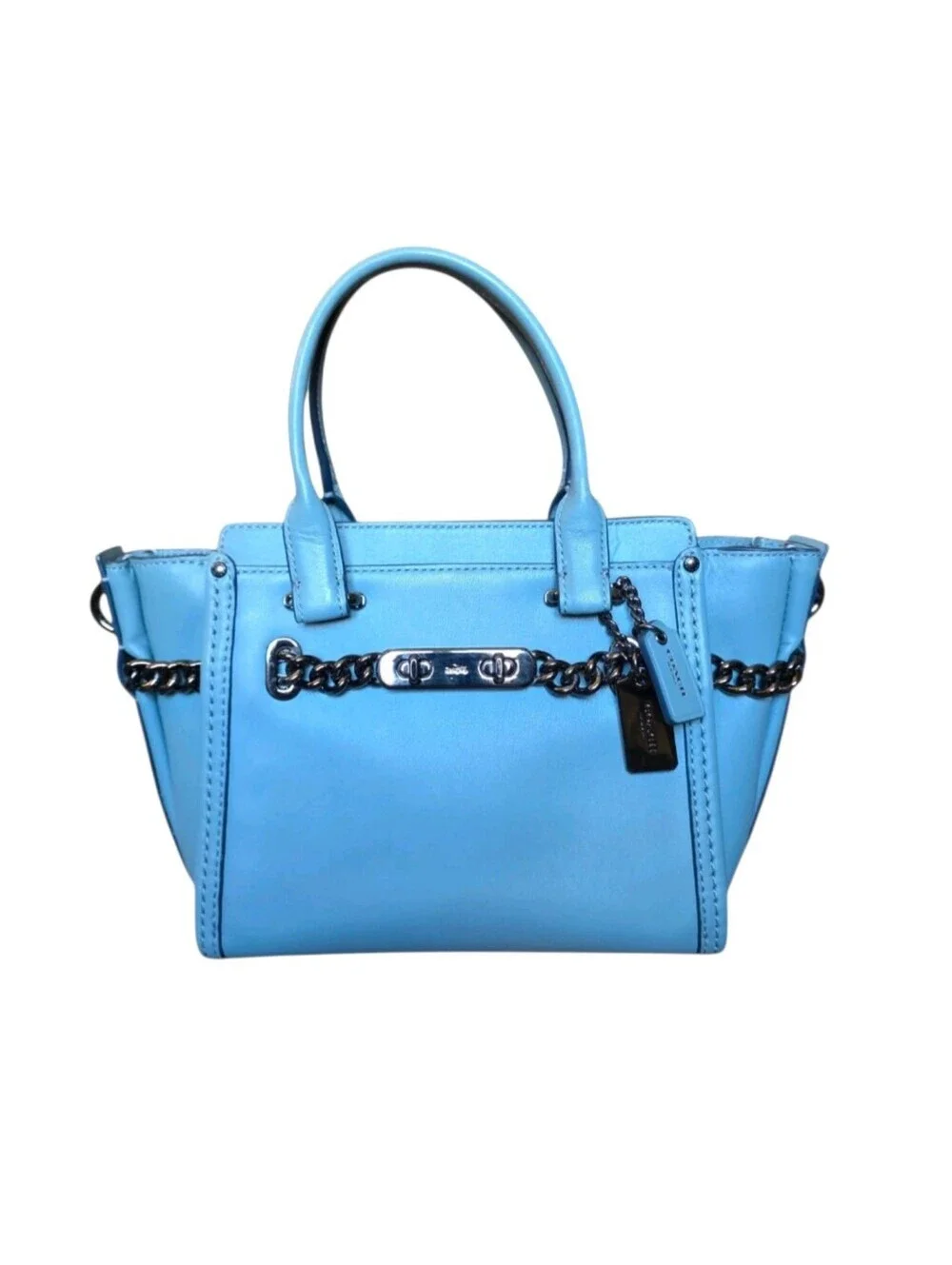 Coach Swagger 27 Cloud Blue Glovetanned Leather Satchel Chain Bag 59542 AUTH